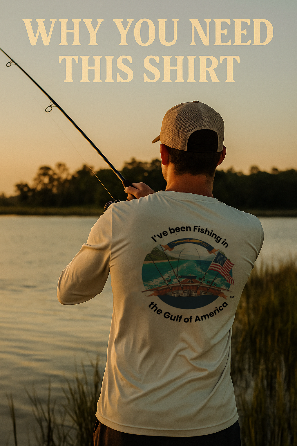 Angler wearing the I’ve Been Fishing the Gulf of America long sleeve UV protection fishing shirt while casting a line at sunset along the Gulf Coast