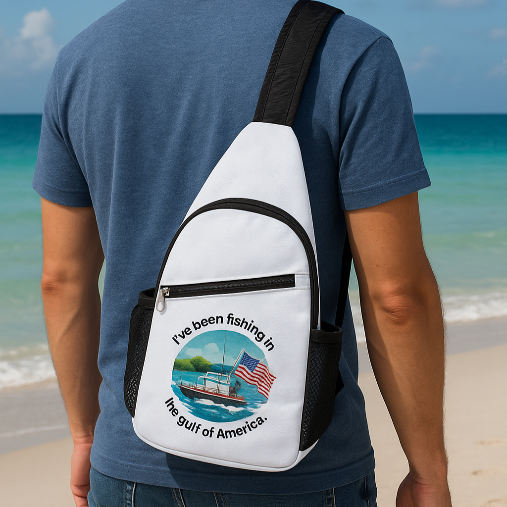 Chest bag with “I’ve Been Fishing the Gulf of America” printed on the front, worn across the chest of an angler near Gulf waters