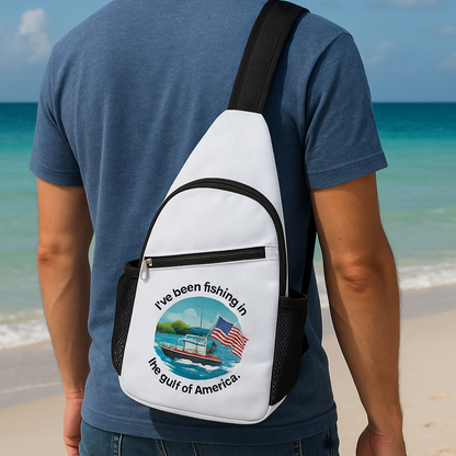 Chest bag with “I’ve Been Fishing the Gulf of America” printed on the front, worn across the chest of an angler near Gulf waters
